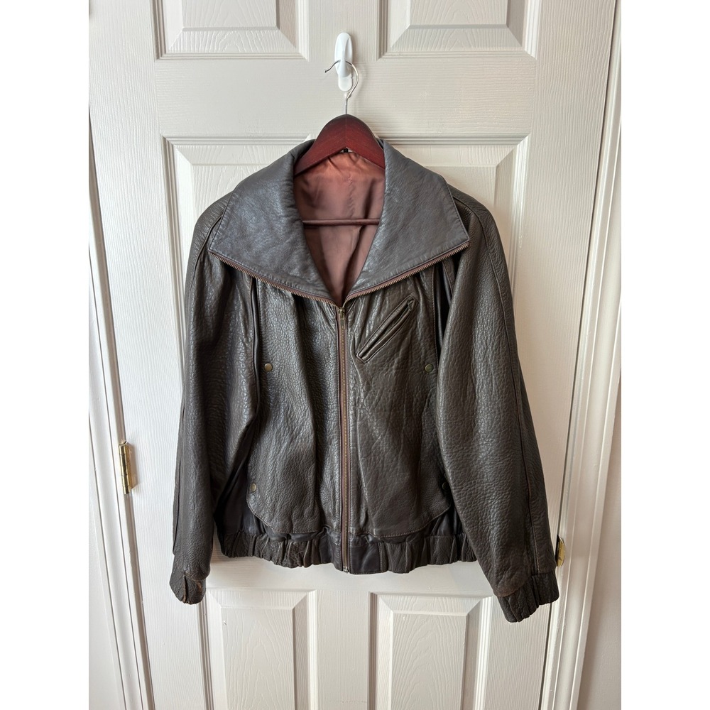 Vintage Brown Pebbled Leather Bomber Jacket Mens Full Zip Distressed Streetwear
